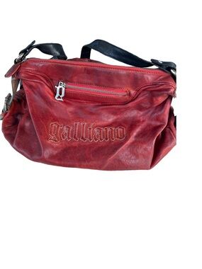 Galliano Red Leather Shoulder Bag with Black Straps